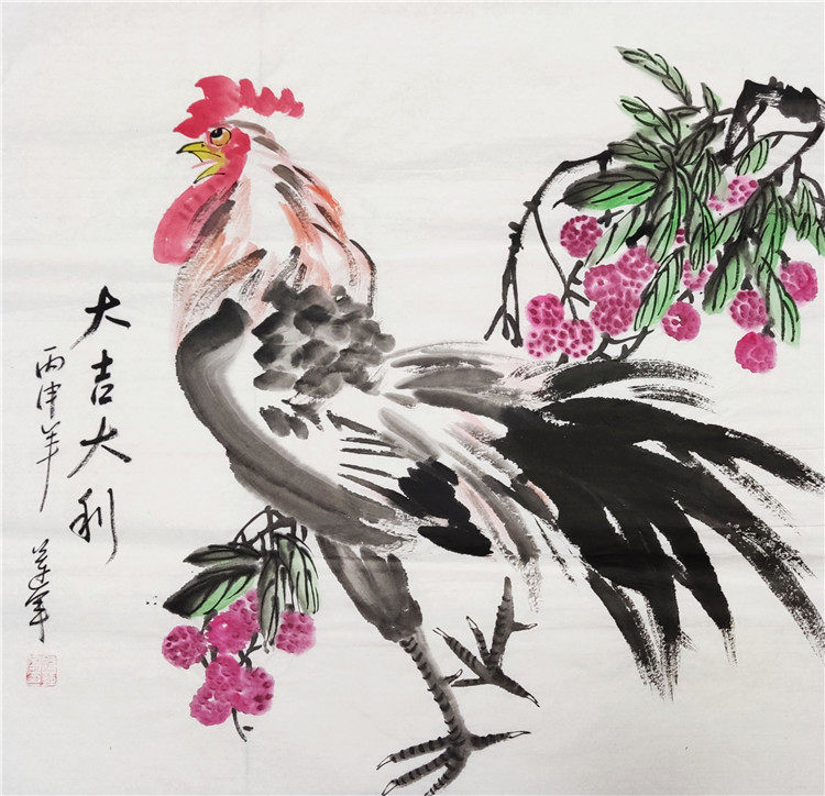 手绘国画大吉大利公鸡段莲军花鸟画装饰风水画办公室客厅四尺斗方