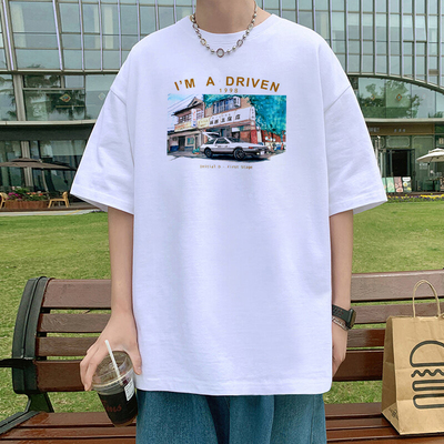 白色五分短袖男夏季潮牌高街痞帅美式复古宽松休闲青少年半袖T恤