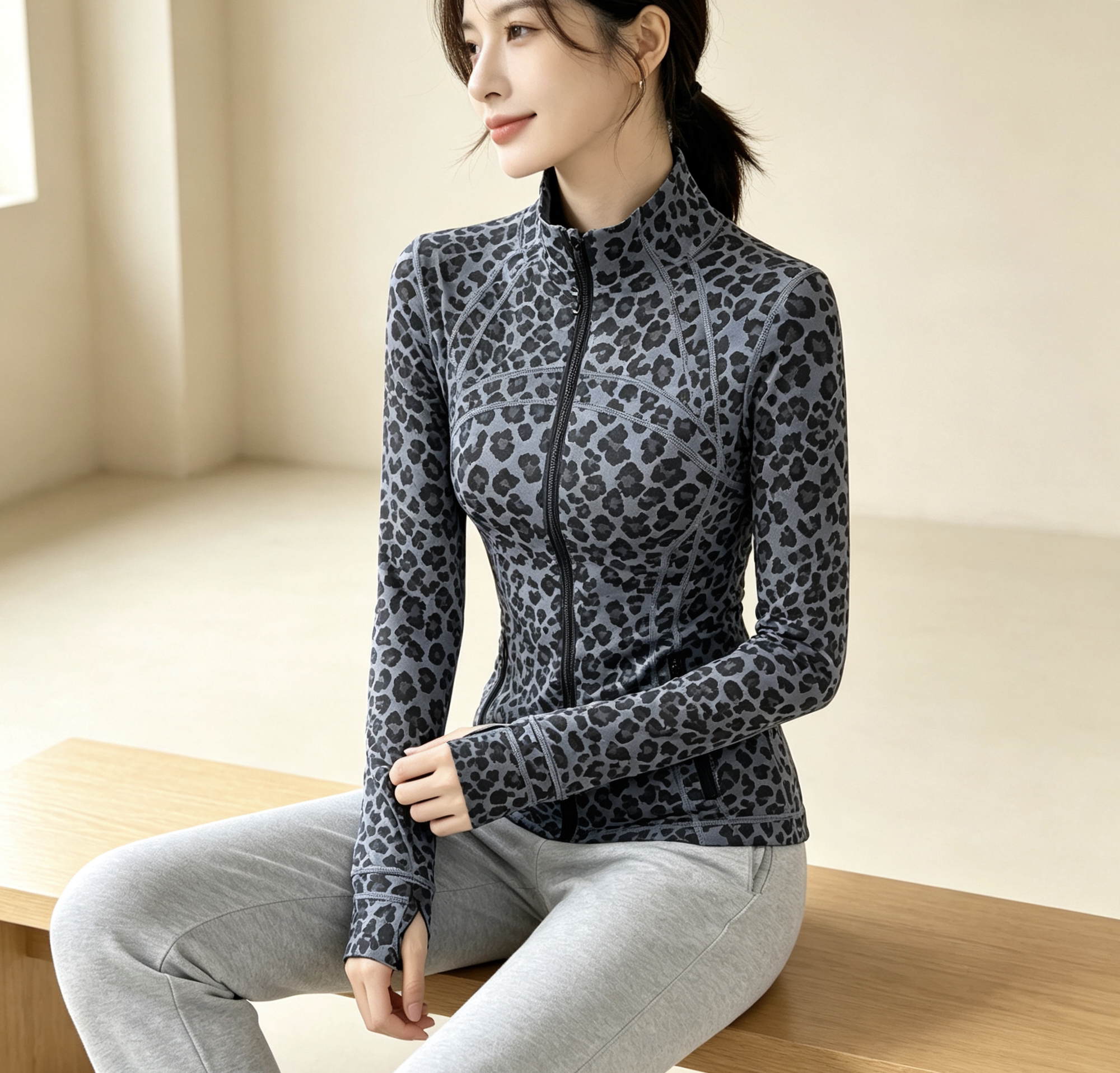 【牛货】春秋新蓝豹纹瑜伽服外套立领夹克拉链长袖运动健身上衣女