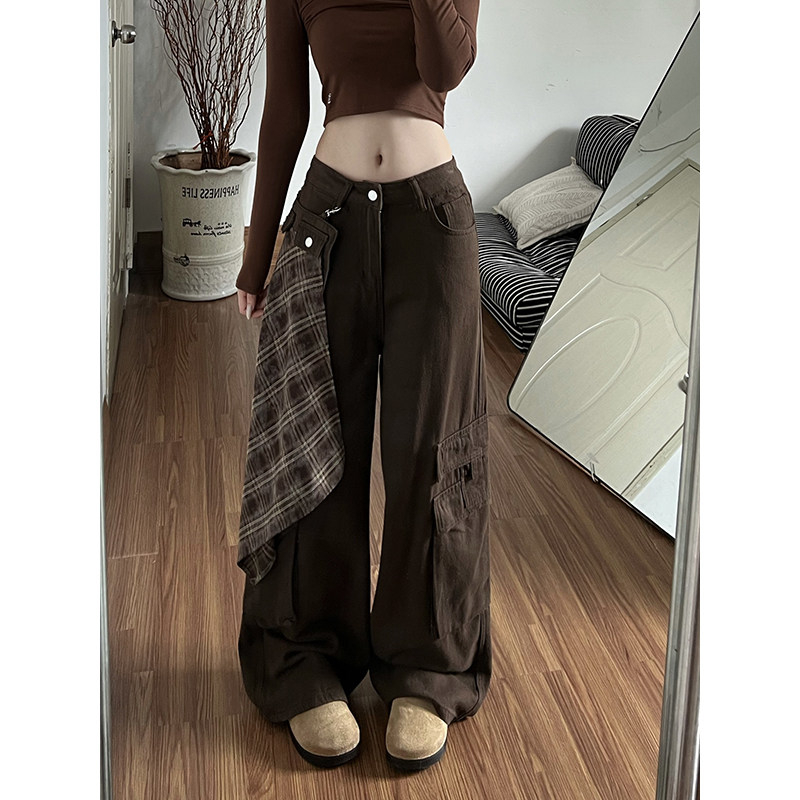 美拉德棕色屁帘工装牛仔裤女秋冬2025新款户外宽松复古拖地阔腿裤,女装/女士精品,牛仔裤,淘宝优惠券,粉丝福利购,淘宝优惠卷