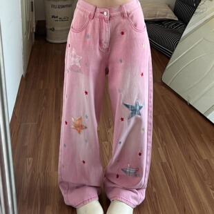 复古做旧星星牛仔裤女秋冬款多巴胺粉色甜美别致个性阔腿显瘦裤子