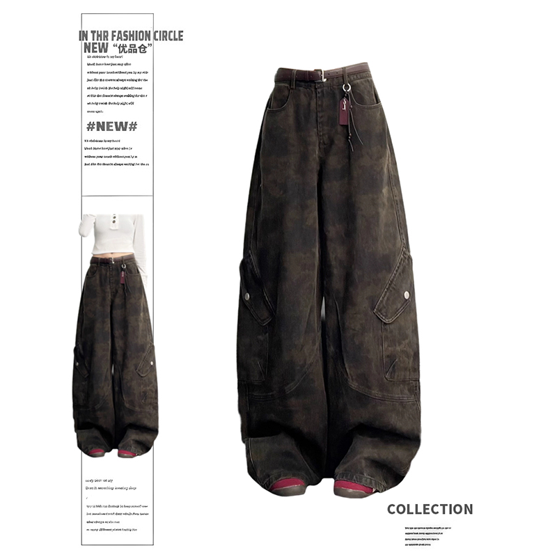 迷彩牛仔裤女秋冬美式复古大口袋弯刀工装重工水洗直筒阔腿休闲裤