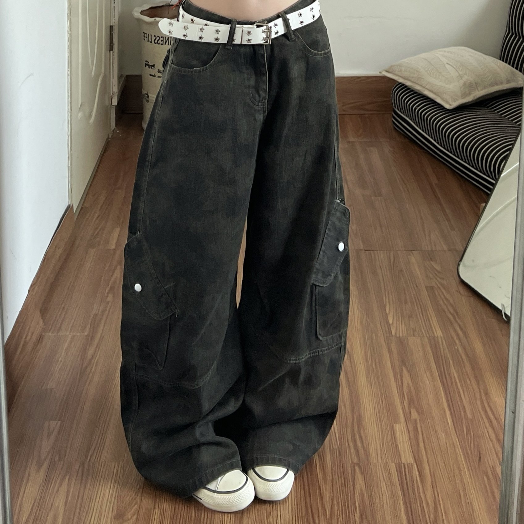 美式复古迷彩工装牛仔裤女春秋季新款高级感别致个性阔腿弯刀裤子,女装/女士精品,牛仔裤,淘宝优惠券,粉丝福利购,淘宝优惠卷