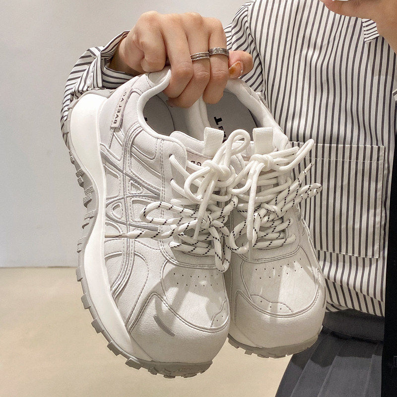 真皮休闲运动大头阿甘登山白色巨好看的增高配阔腿裤厚底老爹鞋女