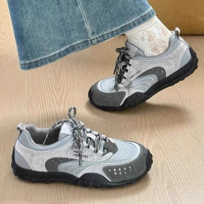 灰色复古厚底德训鞋女2025新款秋冬百搭增高登山休闲运动阿甘板鞋
