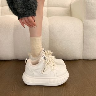 厚底丑萌大头娃娃鞋女鞋2025冬季新款真皮加绒运动休闲面包小白鞋