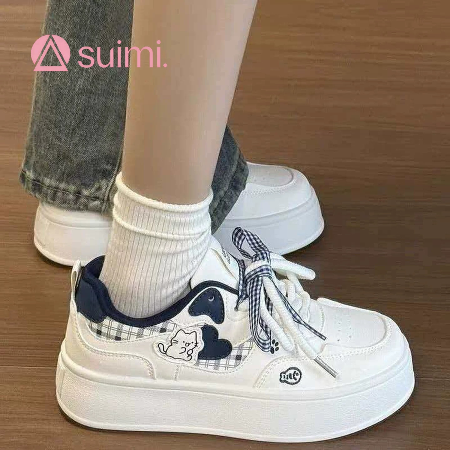 女童新款白色厚底板鞋中大童女孩卡通猫咪图案休闲鞋学生运动鞋潮
