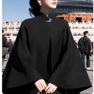 黑色新中式斗篷双面毛呢外套女2025年秋冬季新款轻奢国风呢子大衣