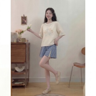 新款 简约百搭两件套套装 汉服汉元 上衣短裤 素圆领短衫 2025年春夏季