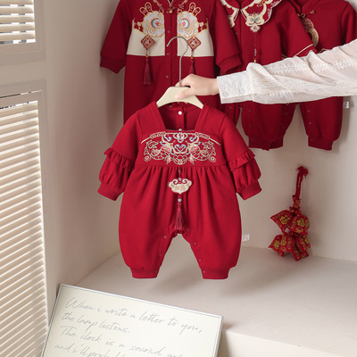 春装红色中式女宝宝礼服连体衣