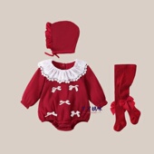 婴儿满月服春秋装 包屁衣新生女宝宝百日宴周岁公主礼服宴红 新中式