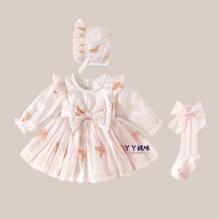 婴儿公主裙春秋新款甜美长袖包屁哈裙小月龄女宝宝满月百日宴礼服