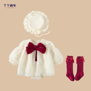 百天宝宝公主裙春装婴儿长袖洋气包屁裙新生儿满月服周岁礼服春秋