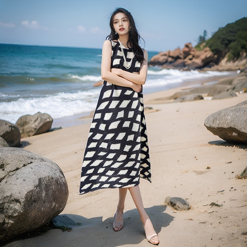 温柔日系小众海边度假风连衣裙夏女气质优雅长裙黑白褶皱宽松