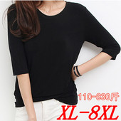 t恤胖MM莫代尔打底衫 七分袖 秋衣上衣300斤 女圆领长袖 欧美春秋大码