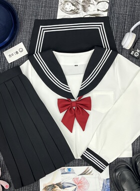 樱奈家黑领白三本正统日系甜妹水手服百褶裙套装学院风原创JK制服
