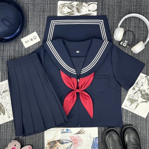 日系学院风绀三本水手服短裙套装