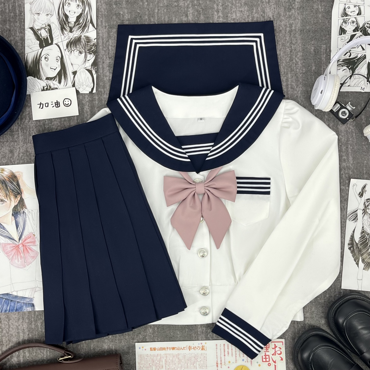 学院风JK制服收腰泡泡袖白三本