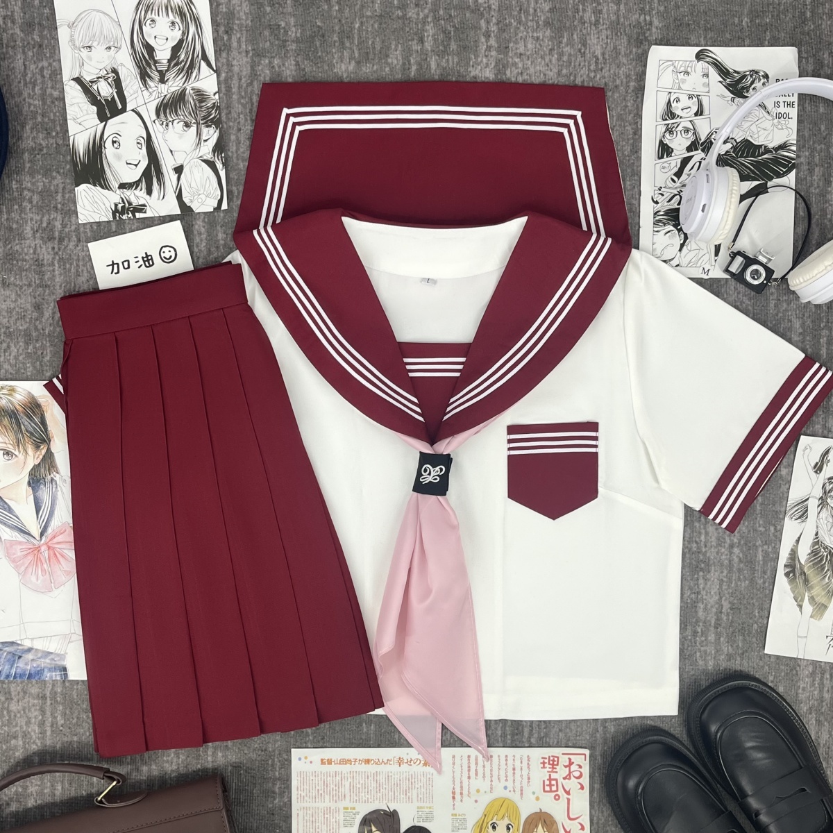 日系夏季甜妹风水手服红领白三本