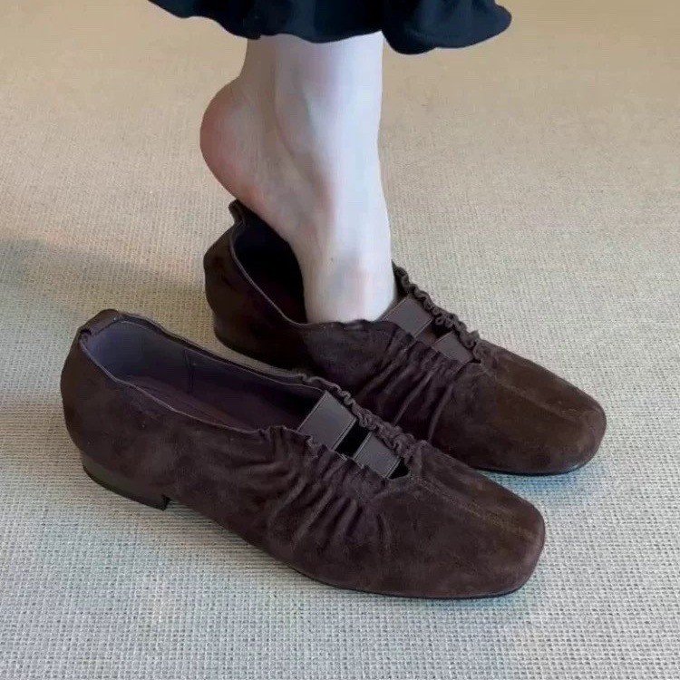 羊皮版~复古风方头褶皱平底单鞋