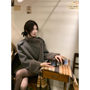 solo爆爆摩登腔调羊毛双面呢大衣机车风立领拼接羊羔毛短外套女