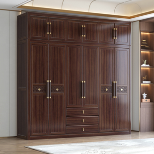 新中式乌金木全实木衣柜家用卧室原木四五六门大容量储物衣橱家具