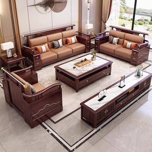 新中式乌金木实木沙发冬夏两用大小户型别墅客厅储物全实木质家具