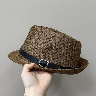 法式礼帽男款夏季薄款太阳帽男中老年爸爸盆帽爷爷咖啡色卷边草帽