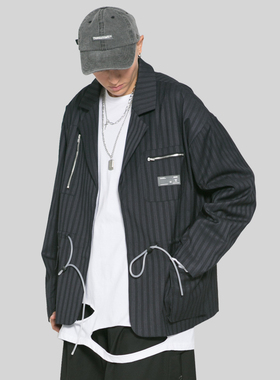 OBS OBSERVER LAB暗条纹机能潮牌黑色宽松杨九郎同款休闲西装外套