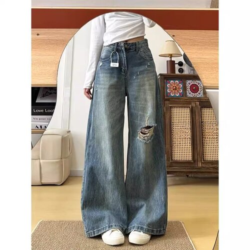 大码美式慵懒感破洞垂感做旧牛仔裤女2025夏季新款高腰胖mm拖地裤