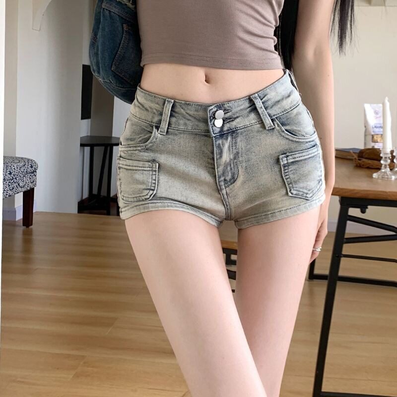 美式复古牛仔超短裤女夏季辣妹低腰小个子紧身热裤低胯性感包臀裤