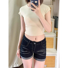 大码复古美式牛仔短裤女夏季薄款胖mm高腰显瘦深蓝色弹力直筒热裤