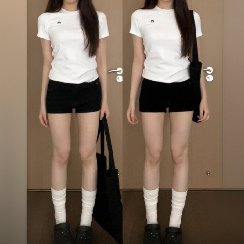 辣妹打底热裤a字超短黑色牛仔裤女夏季胖mm紧身高腰直筒阔腿短裤