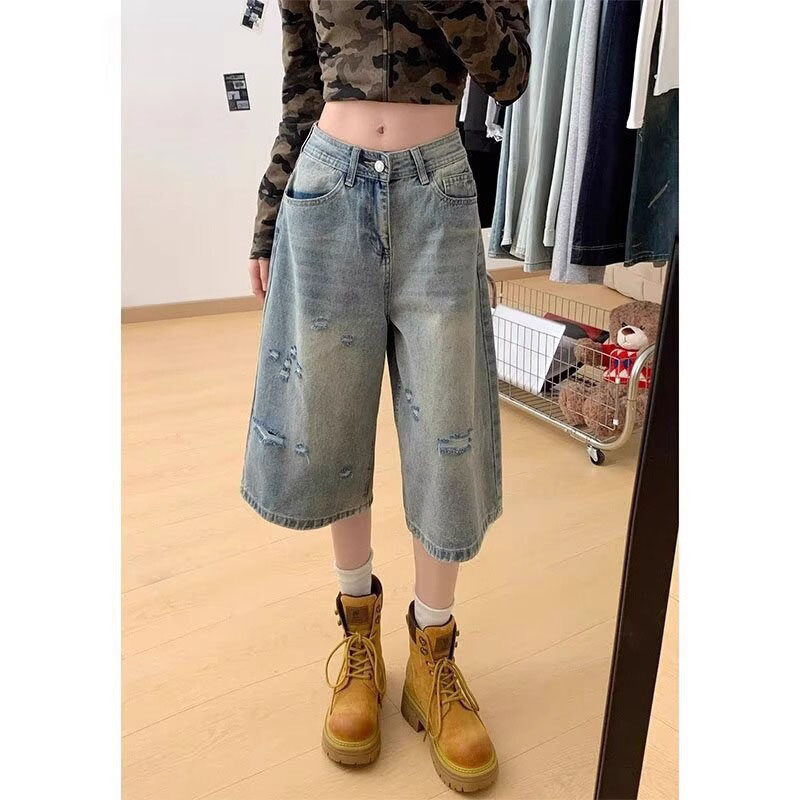大码浅色高腰破洞牛仔七分短裤女夏季新款胖mm宽松小个子薄款中裤