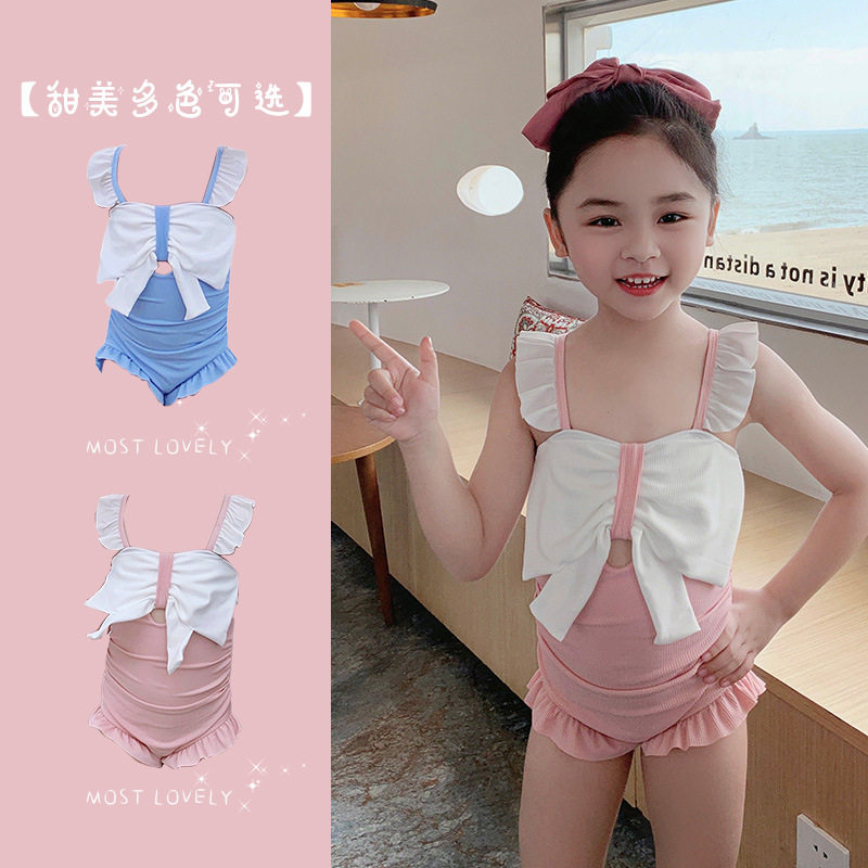 儿童泳衣女孩小童连体度假泳装小清新韩版可爱蝴蝶结专业泳衣