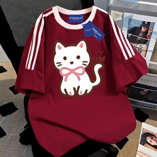 美式可爱趣味韩版甜美猫短袖T恤女夏季纯棉百搭休闲三条杠上衣ins