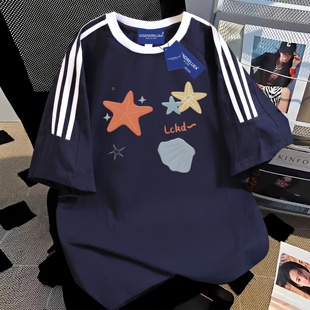夏季美新款海星贝壳印花vintage韩版宽松字母短袖T恤女三条杠上衣