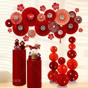 马年新年国风背景商场橱窗美陈布置舞台背景装饰工艺纸扇吊件套件