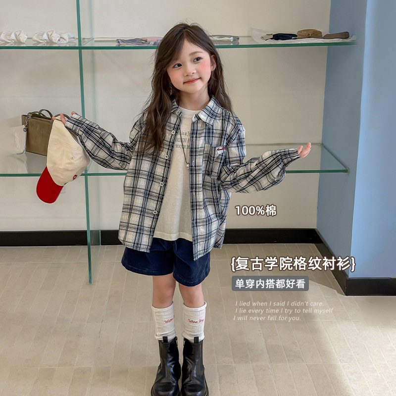 亲子女童纯棉格子衬衫外套秋装薄