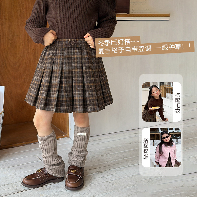 女童洋气学院风加绒格子半身短裙