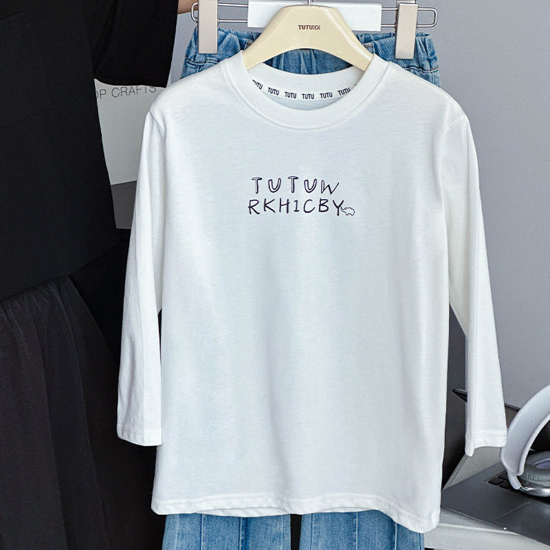 女童纯棉白色长袖T恤秋新款女孩宝宝百搭宽松上衣儿童休闲打底衫6