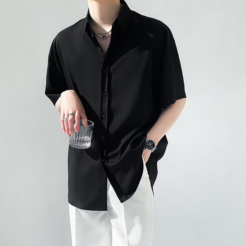 HOUCH素色基础纯色衬衫加大码短袖男生衣服