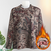 中老年加绒长袖 宽松遮肉保暖印花打底衫 上衣女妈妈秋冬装 圆领大码