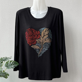 宽松黑色烫钻圆领打底衫 上衣大码 T恤女中老年妈妈秋装 莫代尔长袖