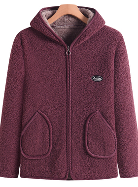 妈妈秋冬加绒加厚连帽外套女中老年人大码时尚宽松颗粒绒保暖上衣