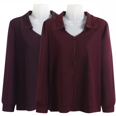 妈妈春装翻领蕾丝镂空领长袖T恤