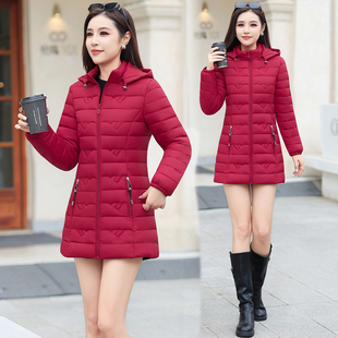 修身棉衣女中长款红色连帽轻薄棉服大码保暖棉袄外套