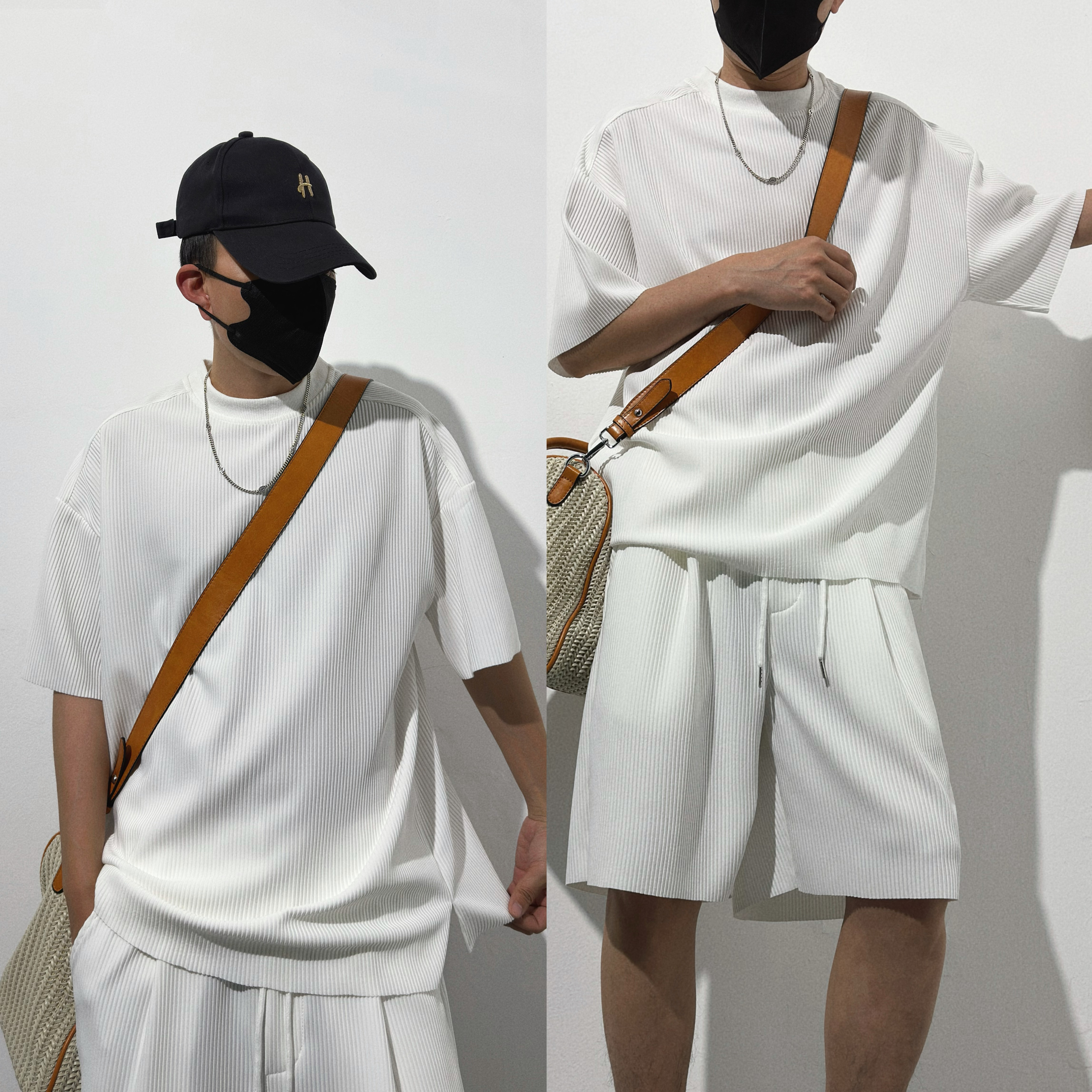 25夏季新品肌理感慵懒风时尚简约T恤配短裤宽松运动男女休闲套装