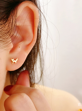 首尔k金纯10k/14k金黄金首饰耳钉 迷你可爱光面狐狸螺纹耳钉单只