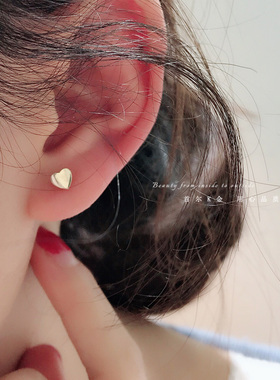 高级感首尔k金纯10k/14k金黄金韩国耳钉 时尚闪亮迷你爱心耳骨钉